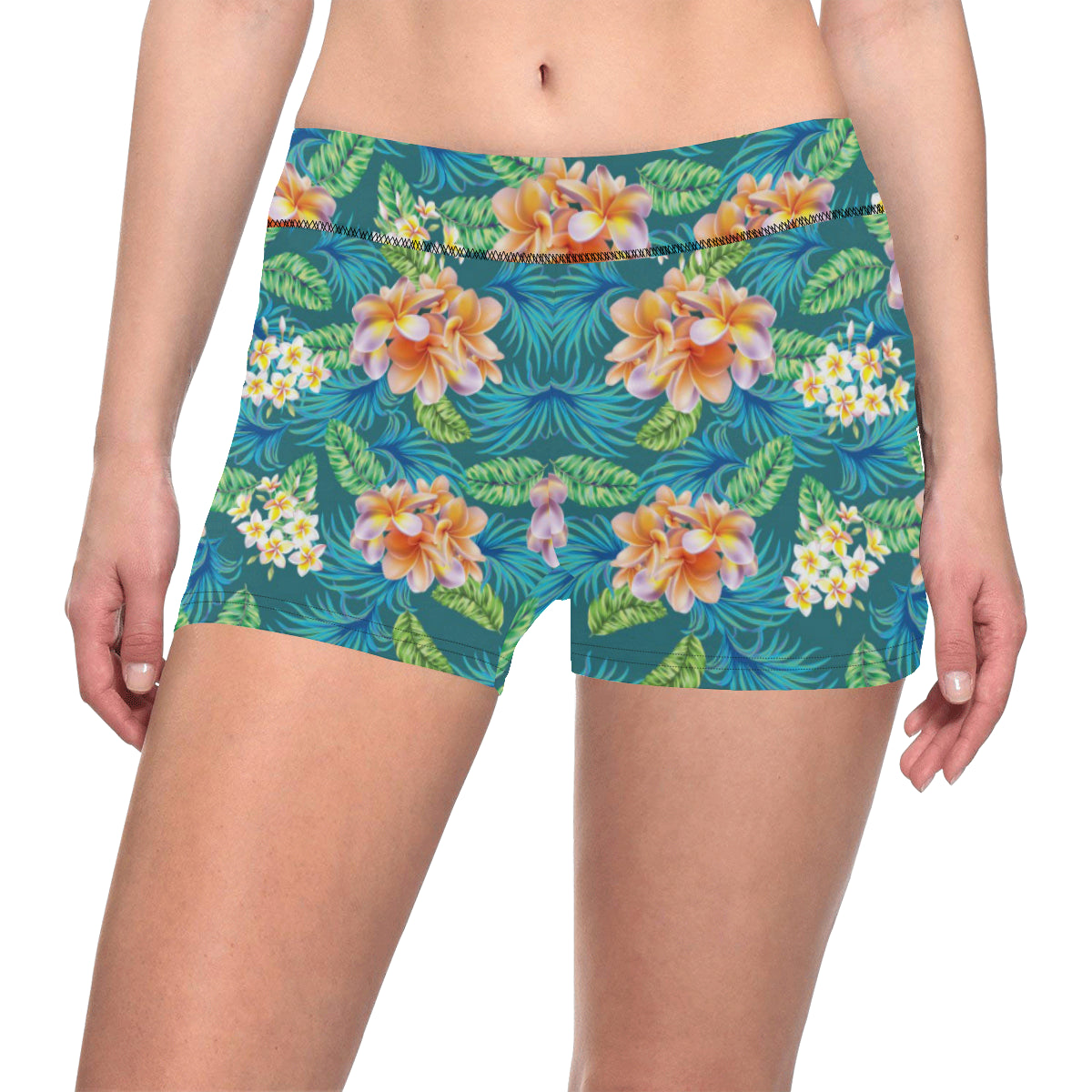 Plumeria Tropical Flower Design Print Yoga Shorts