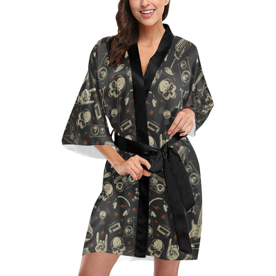 Rock and Roll Skull Pattern Print Design A03 Women's Short Kimono