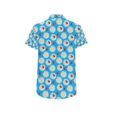 Ladybug with Daisy Themed Print Pattern Men's Short Sleeve Button Up Shirt