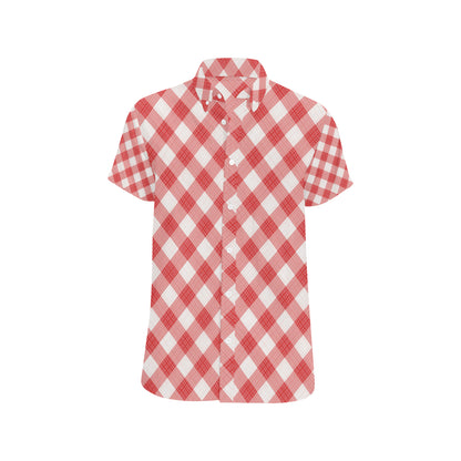 Gingham Red Pattern Print Design 01 Men's Short Sleeve Button Up Shirt