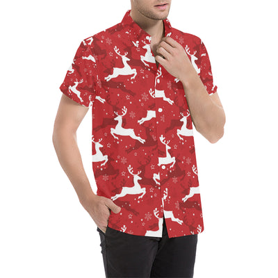 Reindeer Red Pattern Print Design 01 Men's Short Sleeve Button Up Shirt