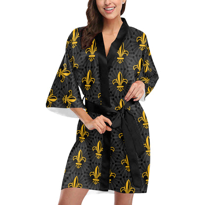 Fleur De Lis Gold Pattern Print Design 01 Women's Short Kimono