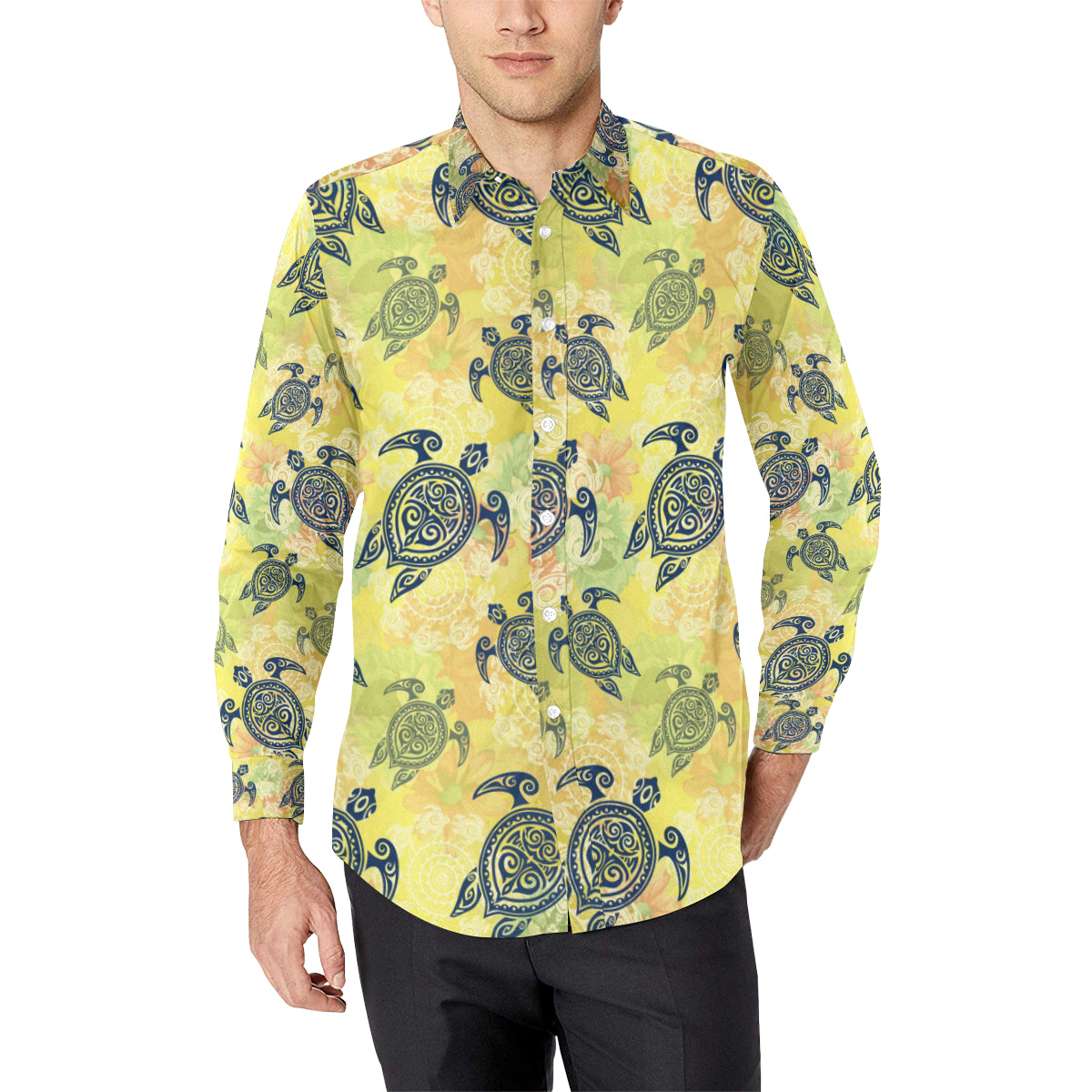 Hawaiian Turtle Tribal Design Print Men's Long Sleeve Shirt