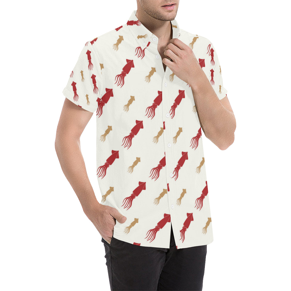 Giant Squid Pattern Print Design 01 Men's Short Sleeve Button Up Shirt