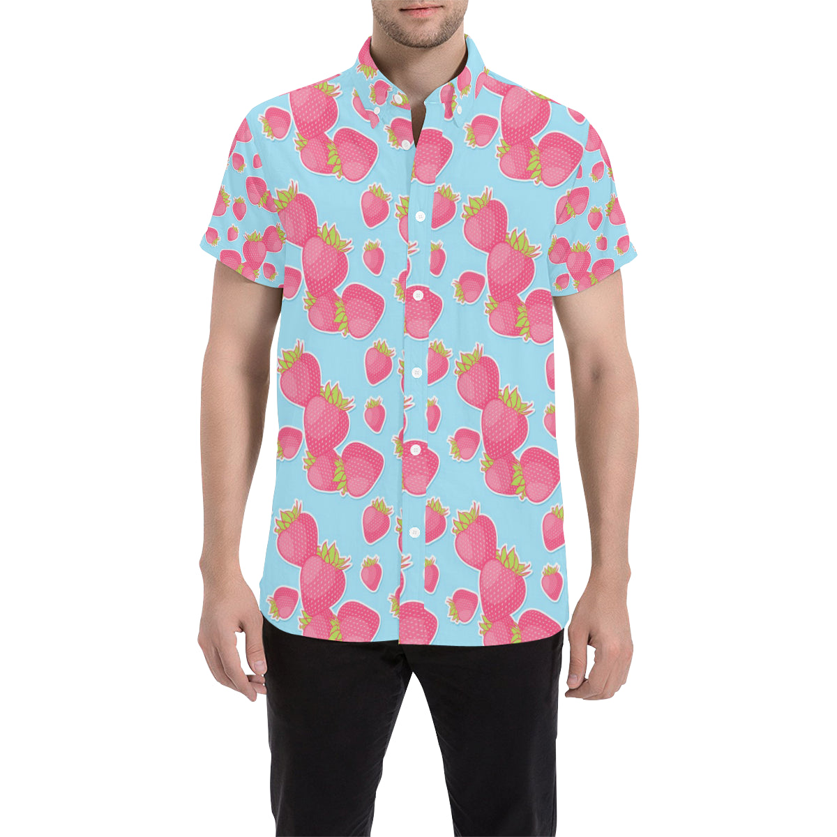 Strawberry Pattern Print Design SB04 Men's Short Sleeve Button Up Shirt