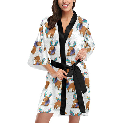 Moose Cute Pattern Print Design 01 Women's Short Kimono