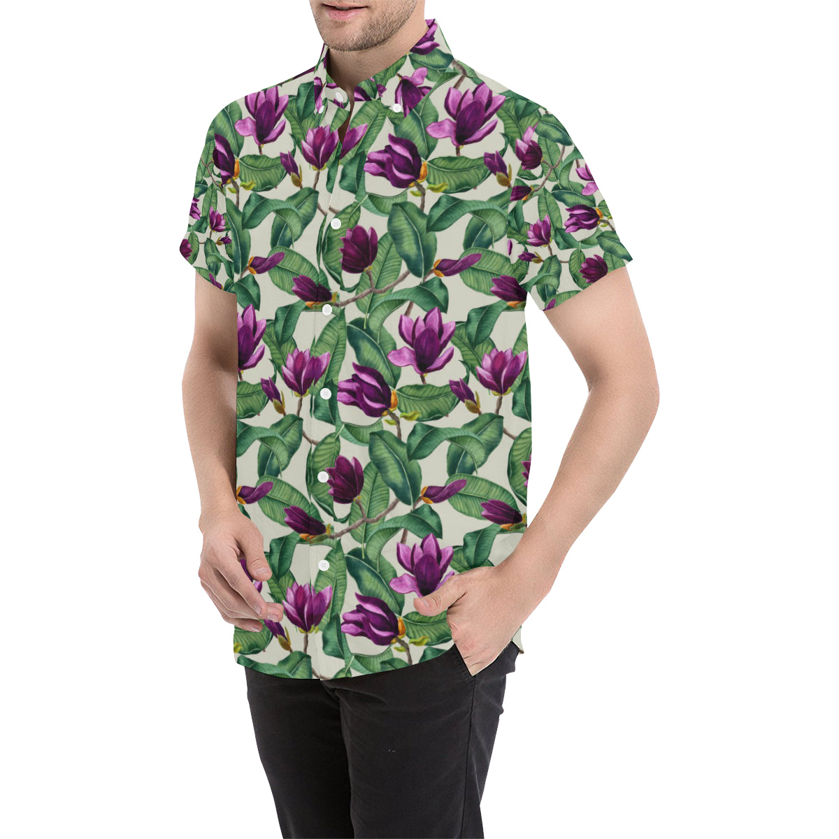 Magnolia Pattern Print Design MAG07 Men's Short Sleeve Button Up Shirt