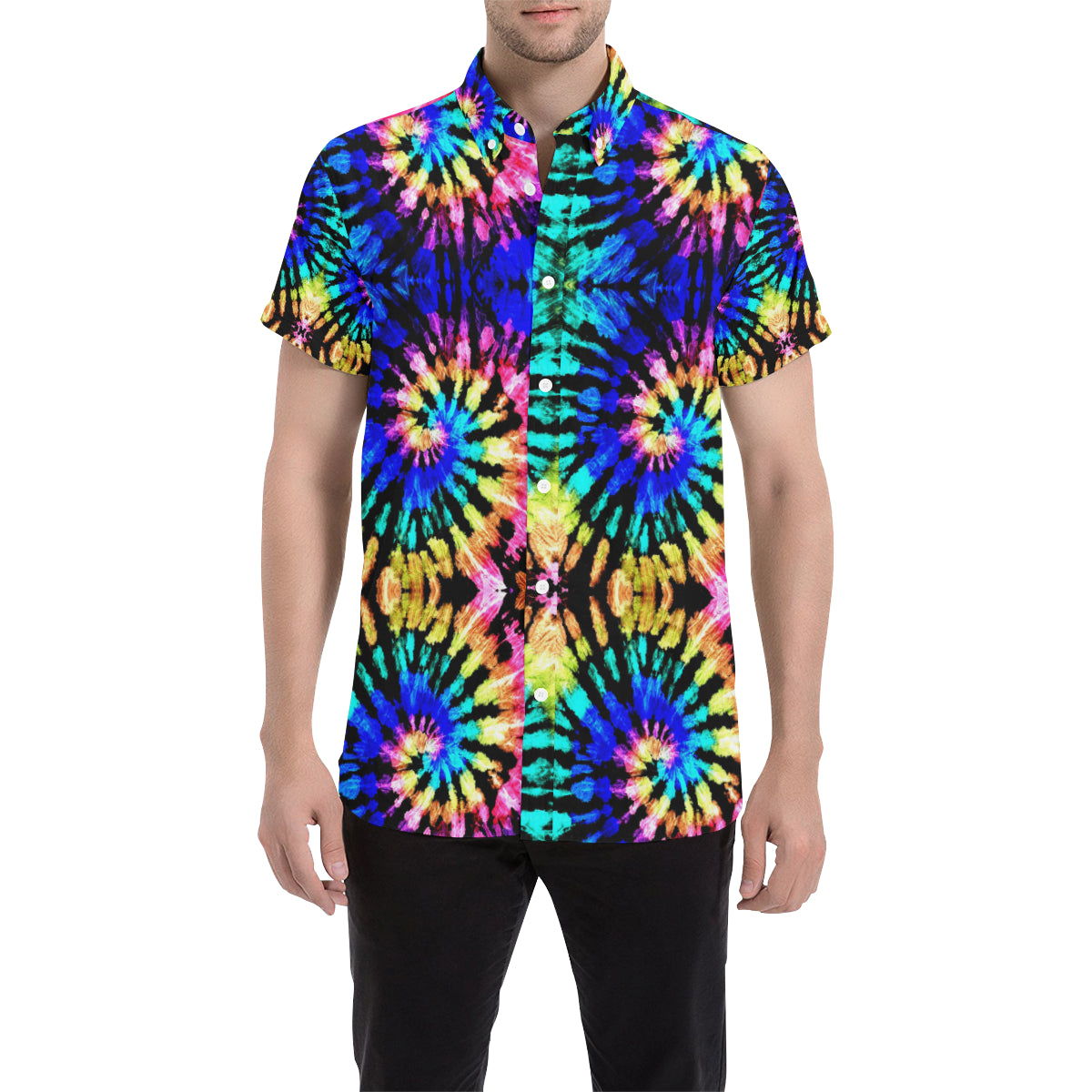 Tie Dye Rainbow Design Print Men's Short Sleeve Button Up Shirt