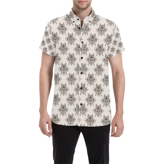 Aztec Wolf Pattern Print Design 01 Men's Short Sleeve Button Up Shirt