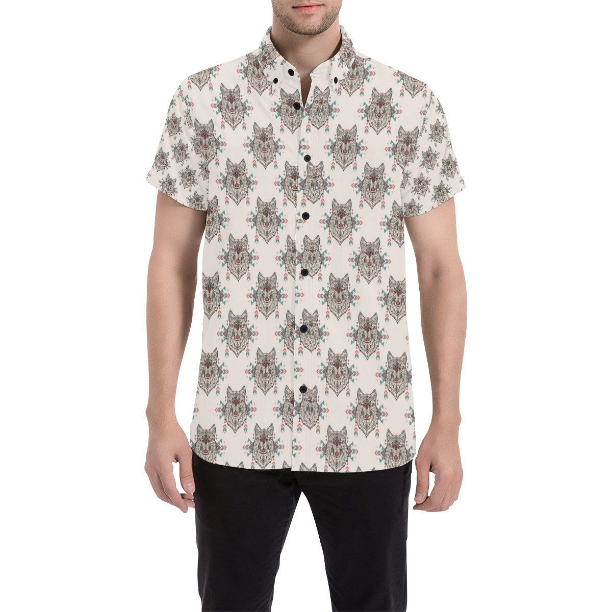 Aztec Wolf Pattern Print Design 01 Men's Short Sleeve Button Up Shirt
