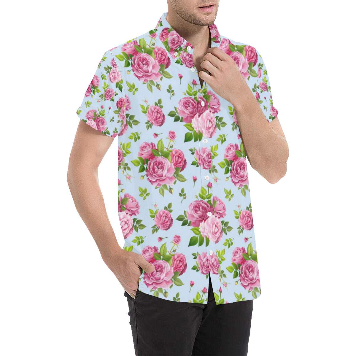 Rose Pink Pattern Print Design RO08 Men's Short Sleeve Button Up Shirt