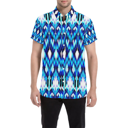 Ikat Blue Pattern Print Design 01 Men's Short Sleeve Button Up Shirt
