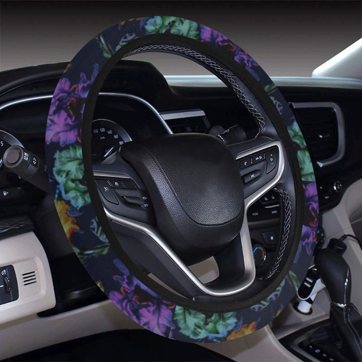 Dragonfly With Floral Print Pattern Steering Wheel Cover with Elastic Edge