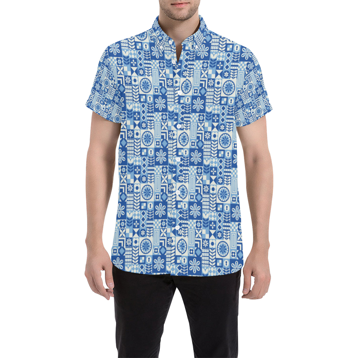 Swedish Print Pattern Men's Short Sleeve Button Up Shirt