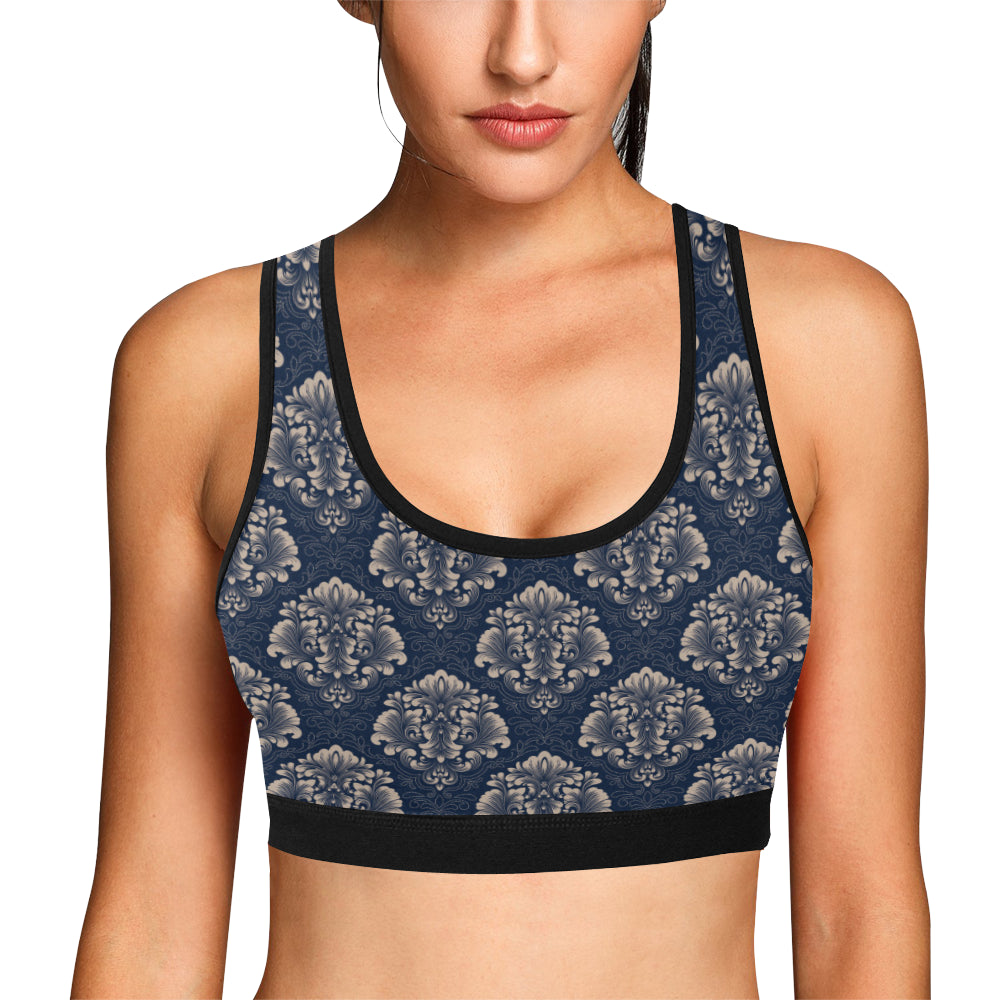 Damask Blue Luxury Print Pattern Sports Bra
