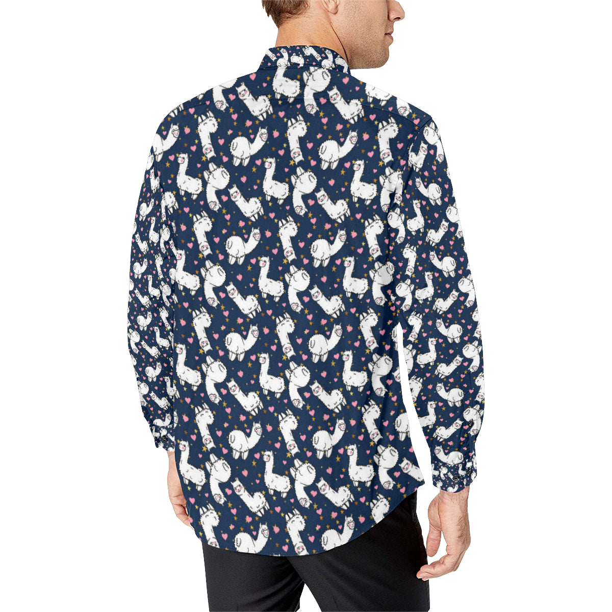 Alpaca Heart Star Design Themed Print Men's Long Sleeve Shirt