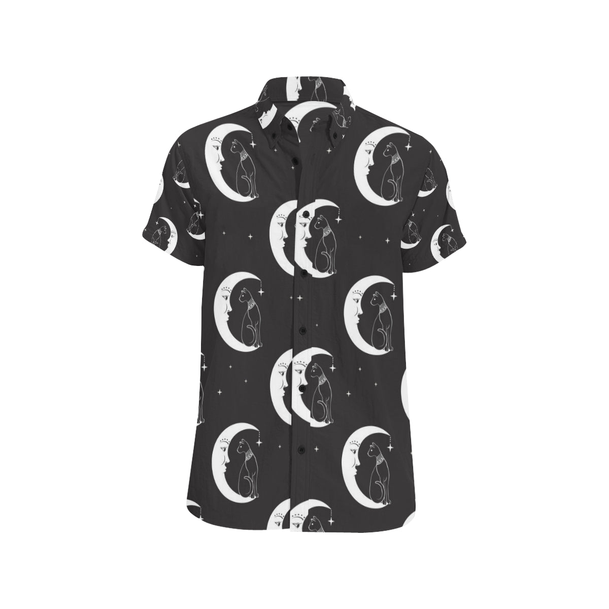 Moon with Cat Pattern Print Design 04 Men's Short Sleeve Button Up Shirt