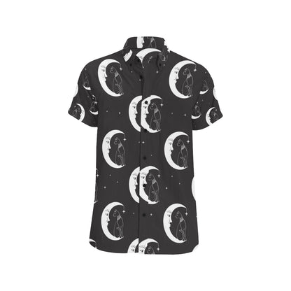 Moon with Cat Pattern Print Design 04 Men's Short Sleeve Button Up Shirt