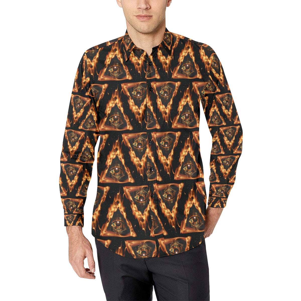 Eye of Horus in Flame Print Men's Long Sleeve Shirt