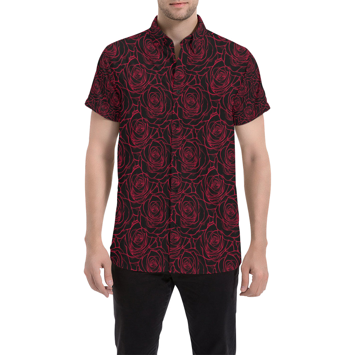 Red Rose Design Print Men's Short Sleeve Button Up Shirt