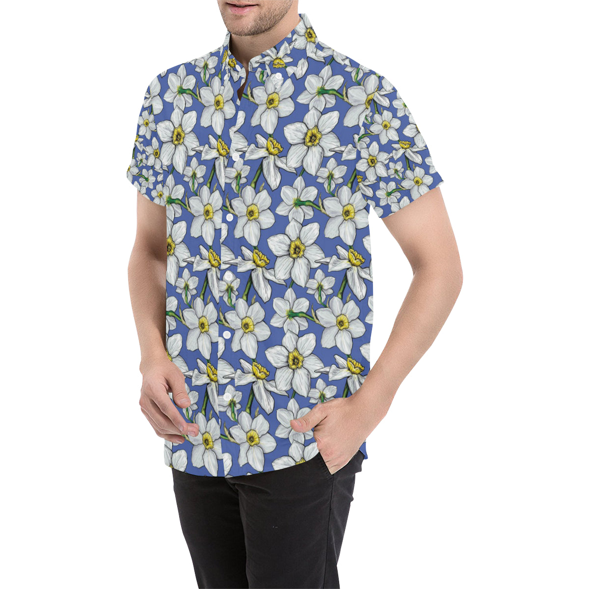 Daffodils Pattern Print Design DF08 Men's Short Sleeve Button Up Shirt