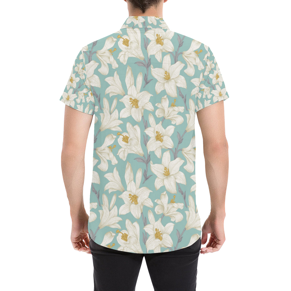 Lily Pattern Print Design 02 Men's Short Sleeve Button Up Shirt