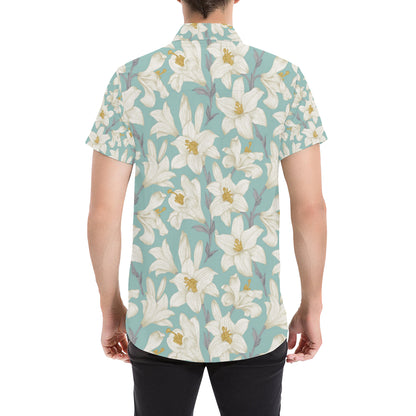 Lily Pattern Print Design 02 Men's Short Sleeve Button Up Shirt
