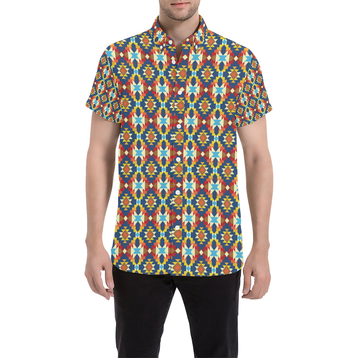 Aztec Pattern Print Design 01 Men's Short Sleeve Button Up Shirt