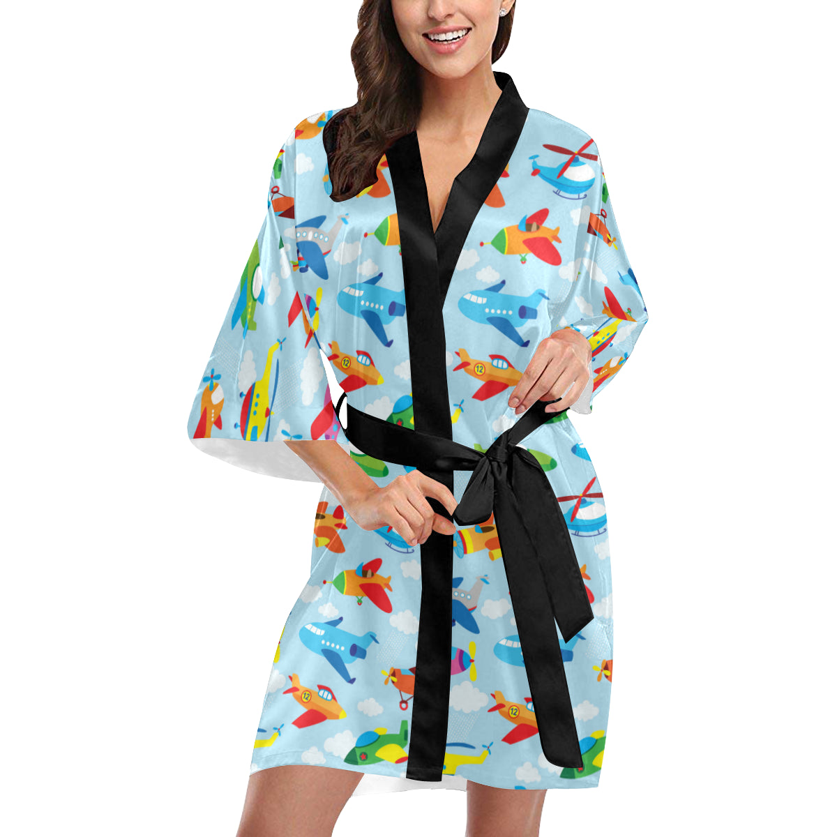Airplane Colorful Pattern Print Design 01 Women's Short Kimono
