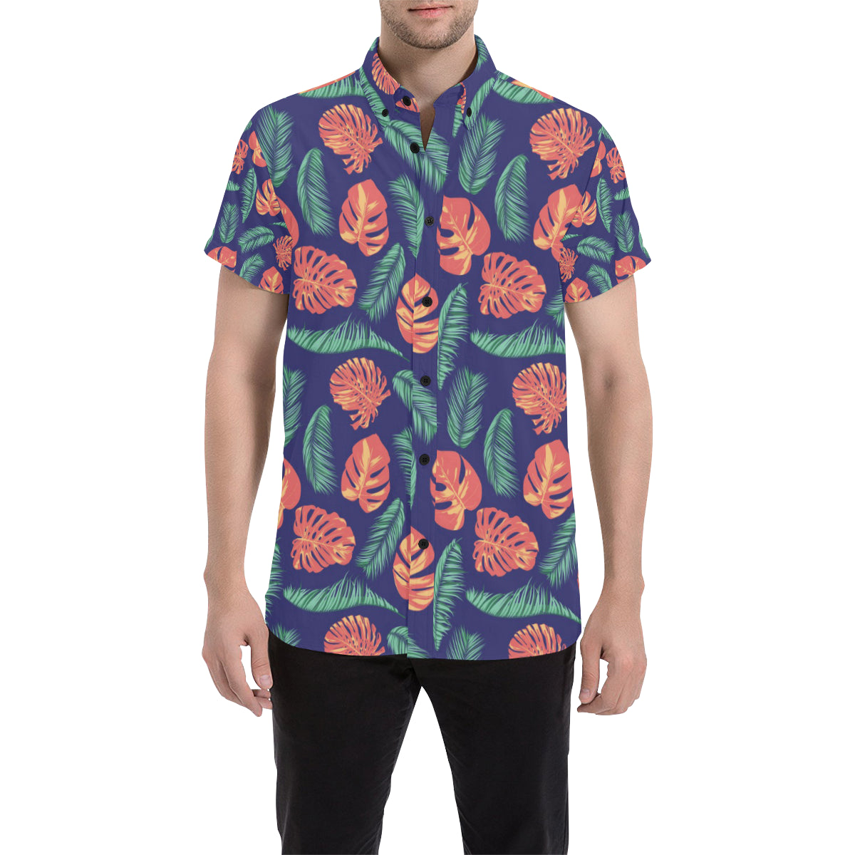 Palm Leaves Pattern Print Design PL011 Men's Short Sleeve Button Up Shirt