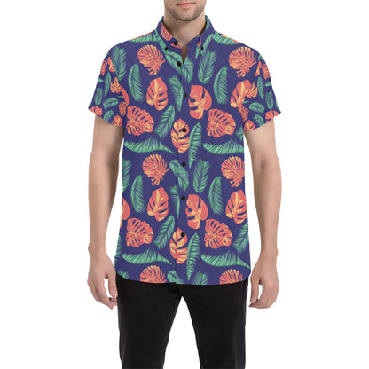 Palm Leaves Pattern Print Design PL011 Men's Short Sleeve Button Up Shirt