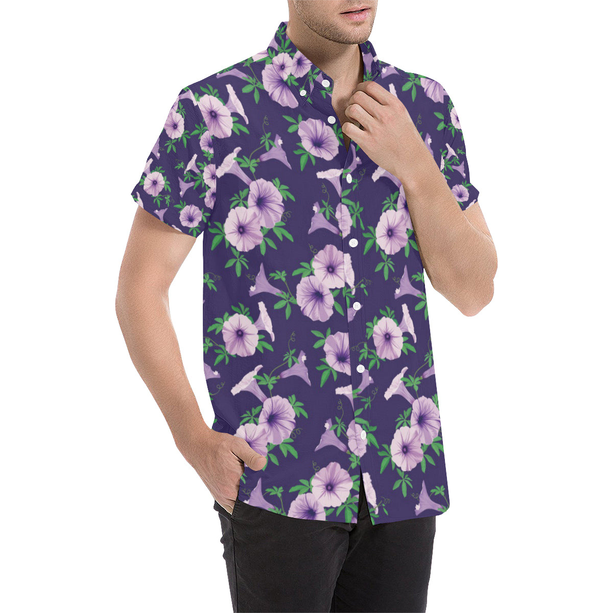 Morning Glory Pattern Print Design MG01 Men's Short Sleeve Button Up Shirt