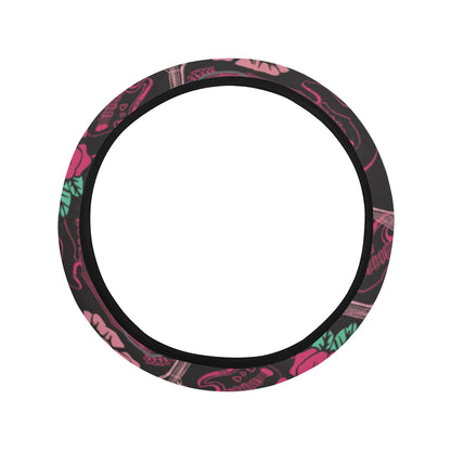 Bass Guitar Pink Rose Pattern Print Design 01 Steering Wheel Cover with Elastic Edge