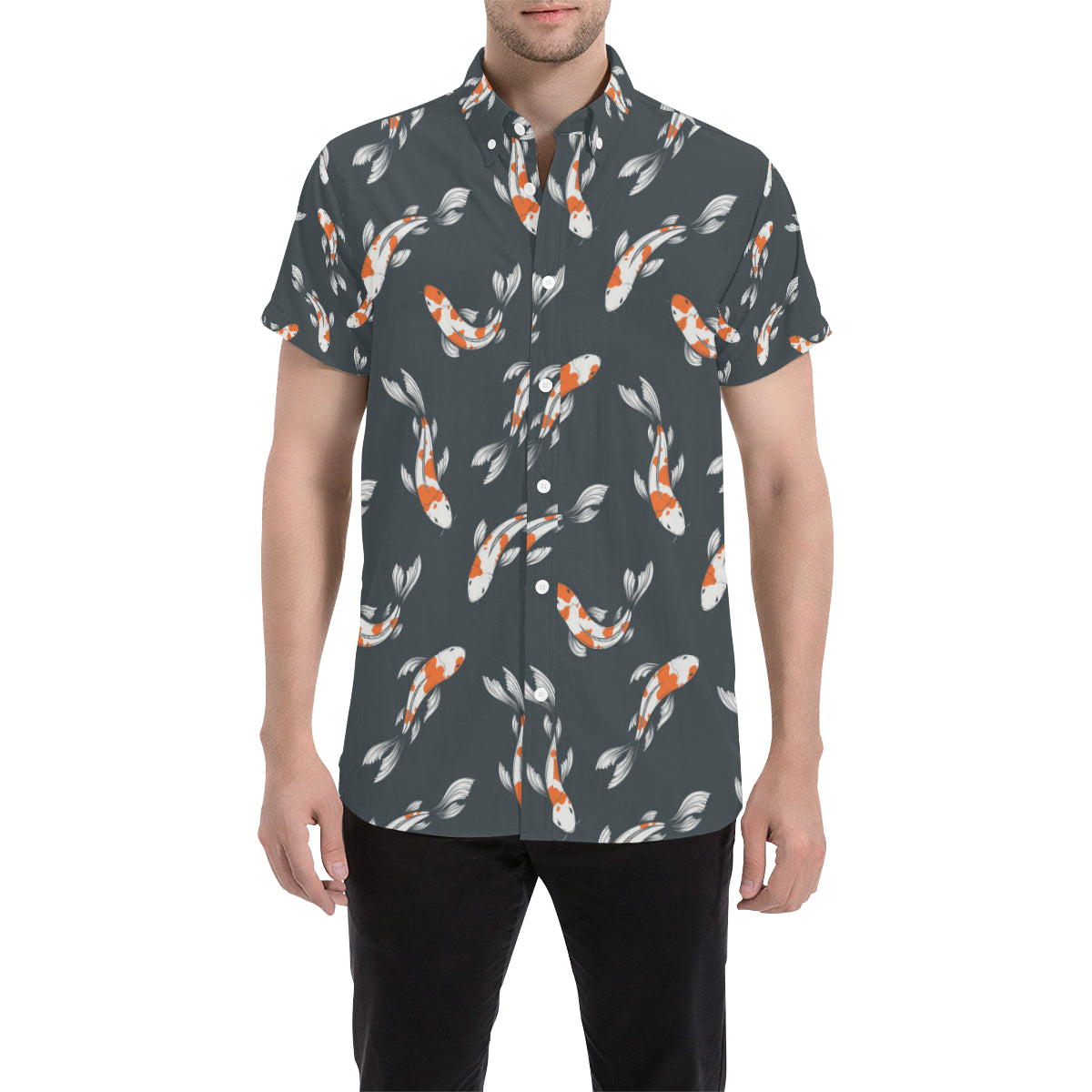 KOI Fish Pattern Print Design 04 Men's Short Sleeve Button Up Shirt