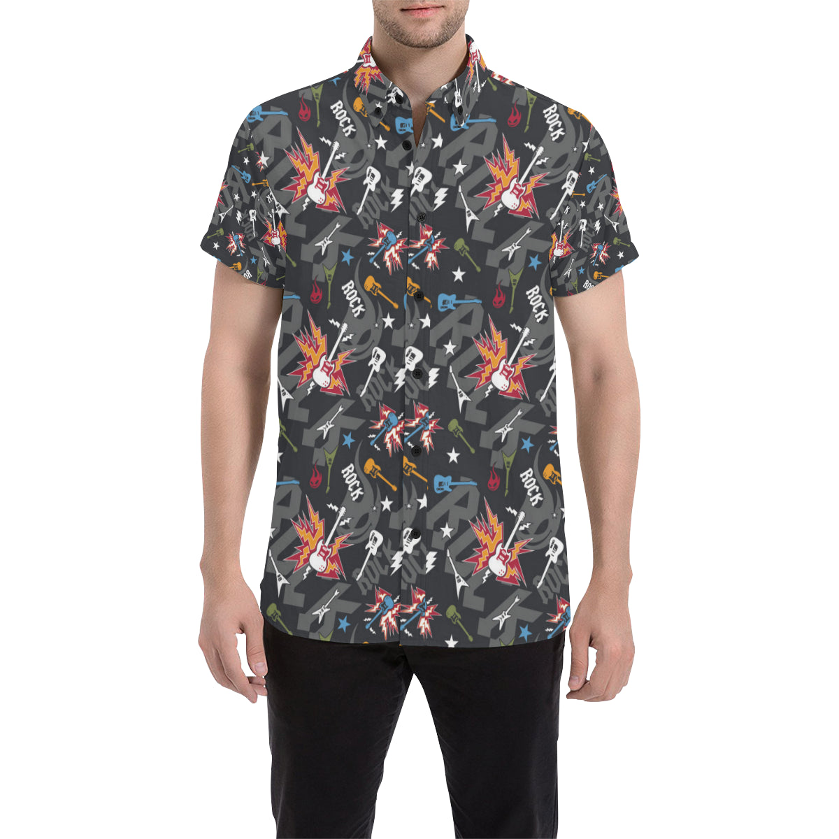 Rock and Roll Pattern Print Design A01 Men's Short Sleeve Button Up Shirt