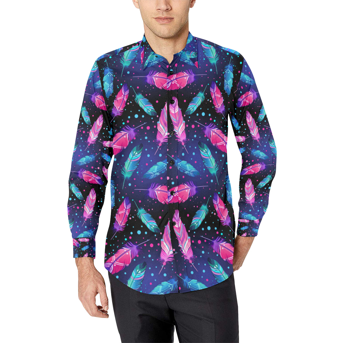 Feather Colorful Boho Design Print Men's Long Sleeve Shirt