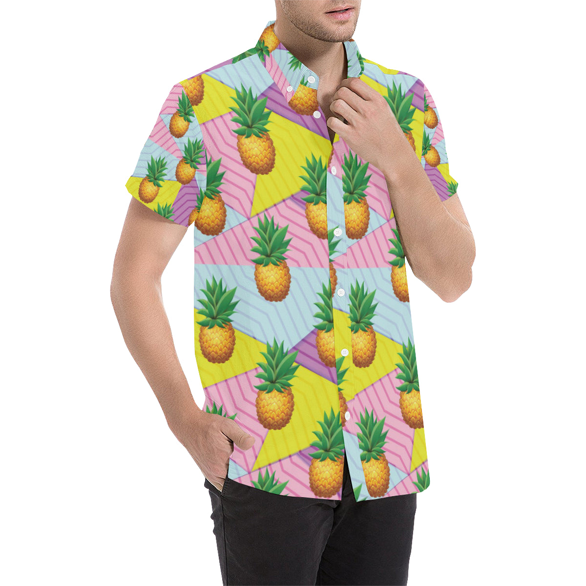 Pineapple Pattern Print Design PP05 Men's Short Sleeve Button Up Shirt