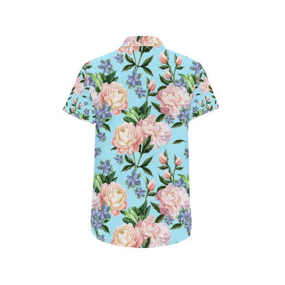 Peony Pattern Print Design PE02 Men's Short Sleeve Button Up Shirt