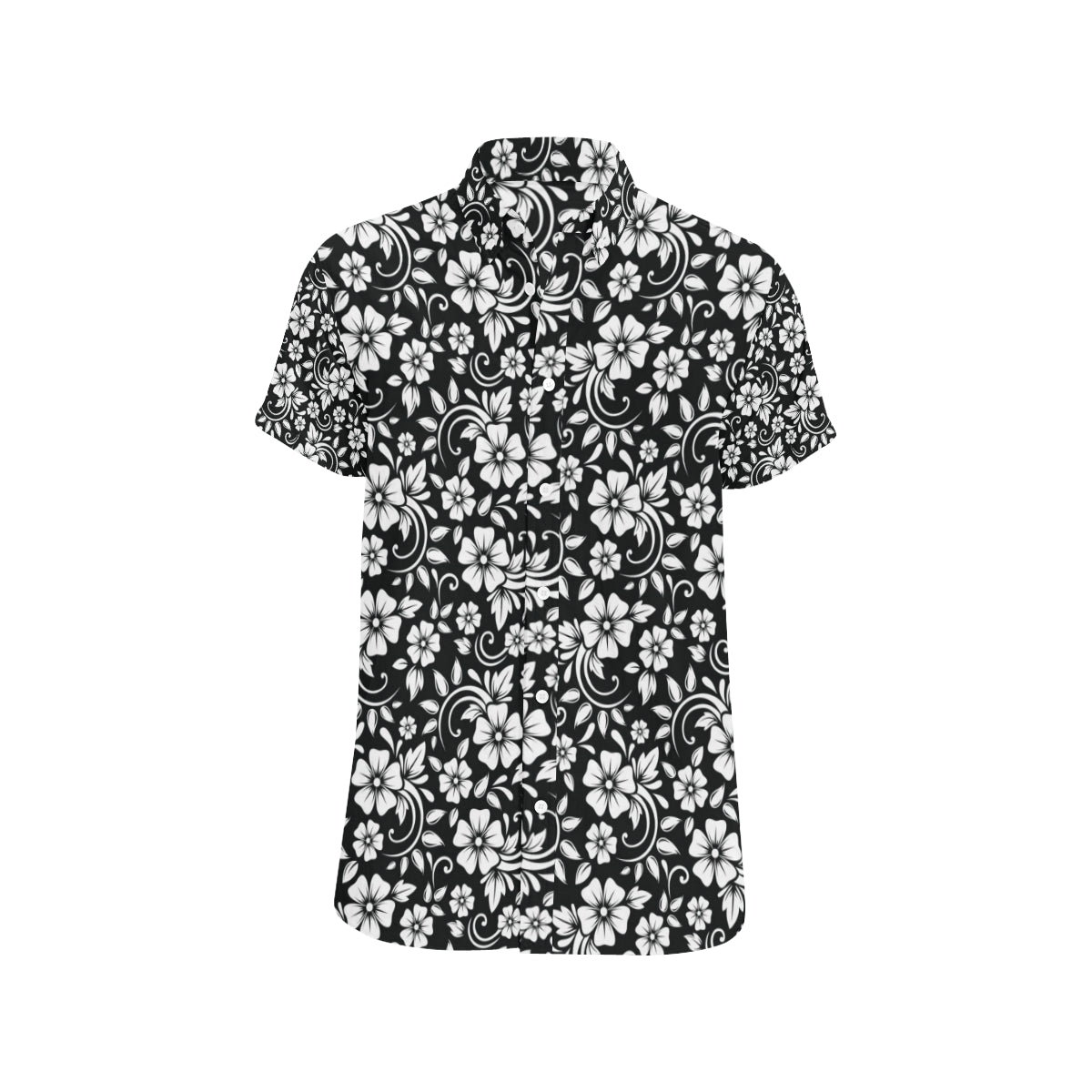 Floral Black White Themed Print Men's Short Sleeve Button Up Shirt