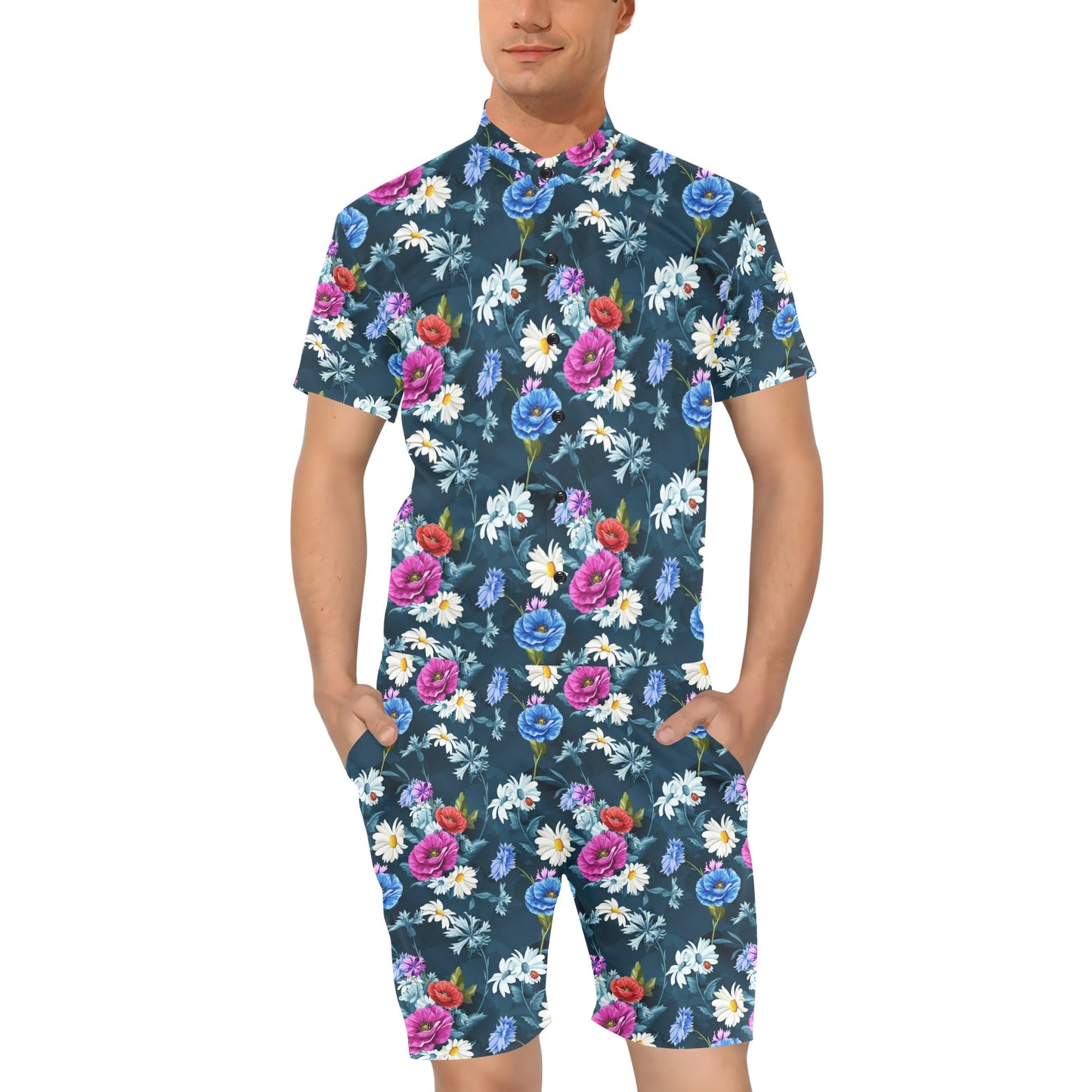 Floral Blue Themed Print Men's Romper