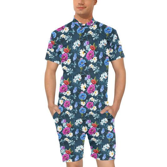 Floral Blue Themed Print Men's Romper