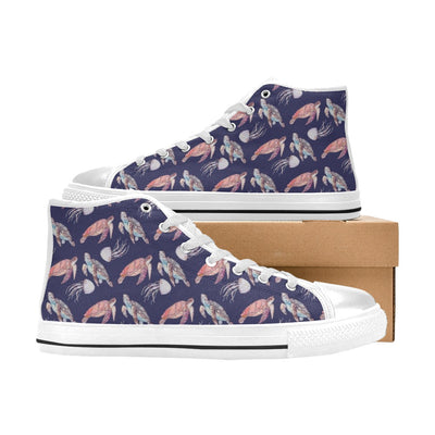 Sea Turtle With Jelly Fish Print Design LKS301 High Top Women's White Shoes