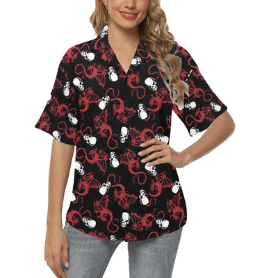 Skull With Red Dragon Print Design LKS304 Women's Hawaiian Shirt