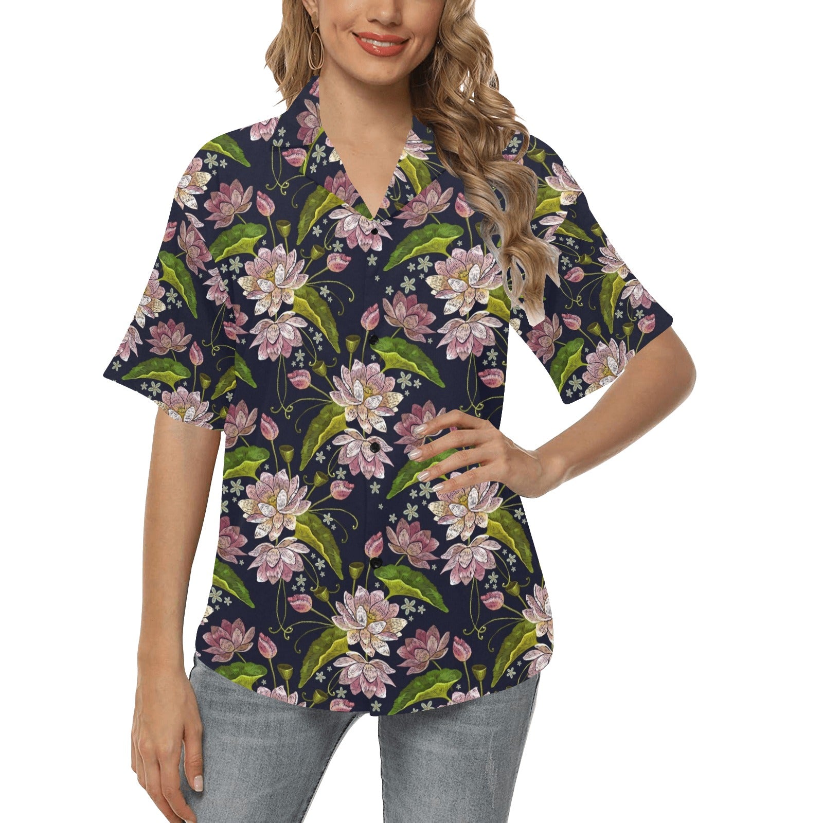 lotus Embroidered Pattern Print Design LO06 Women's Hawaiian Shirt