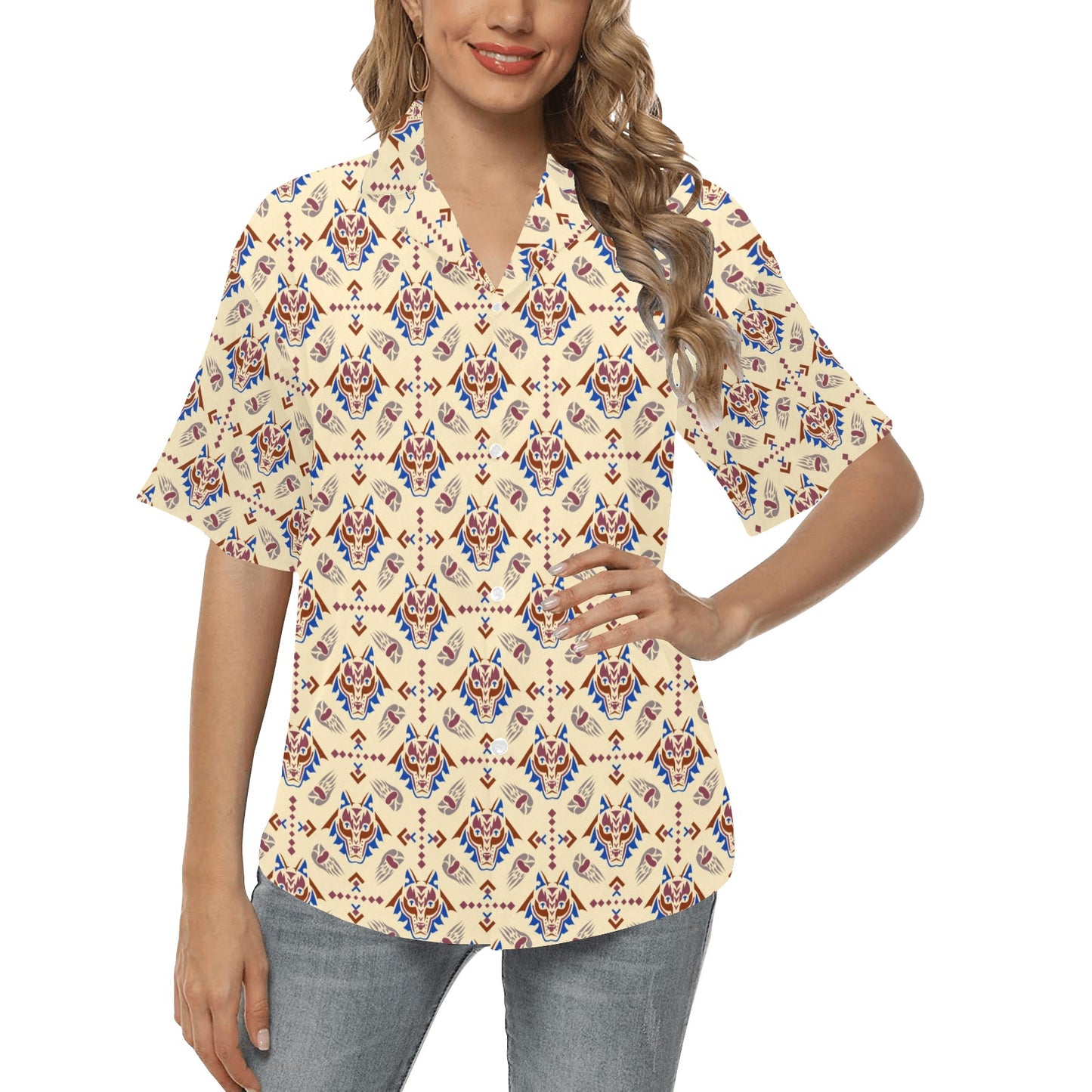 Aztec Wolf Pattern Print Design 03 Women's Hawaiian Shirt