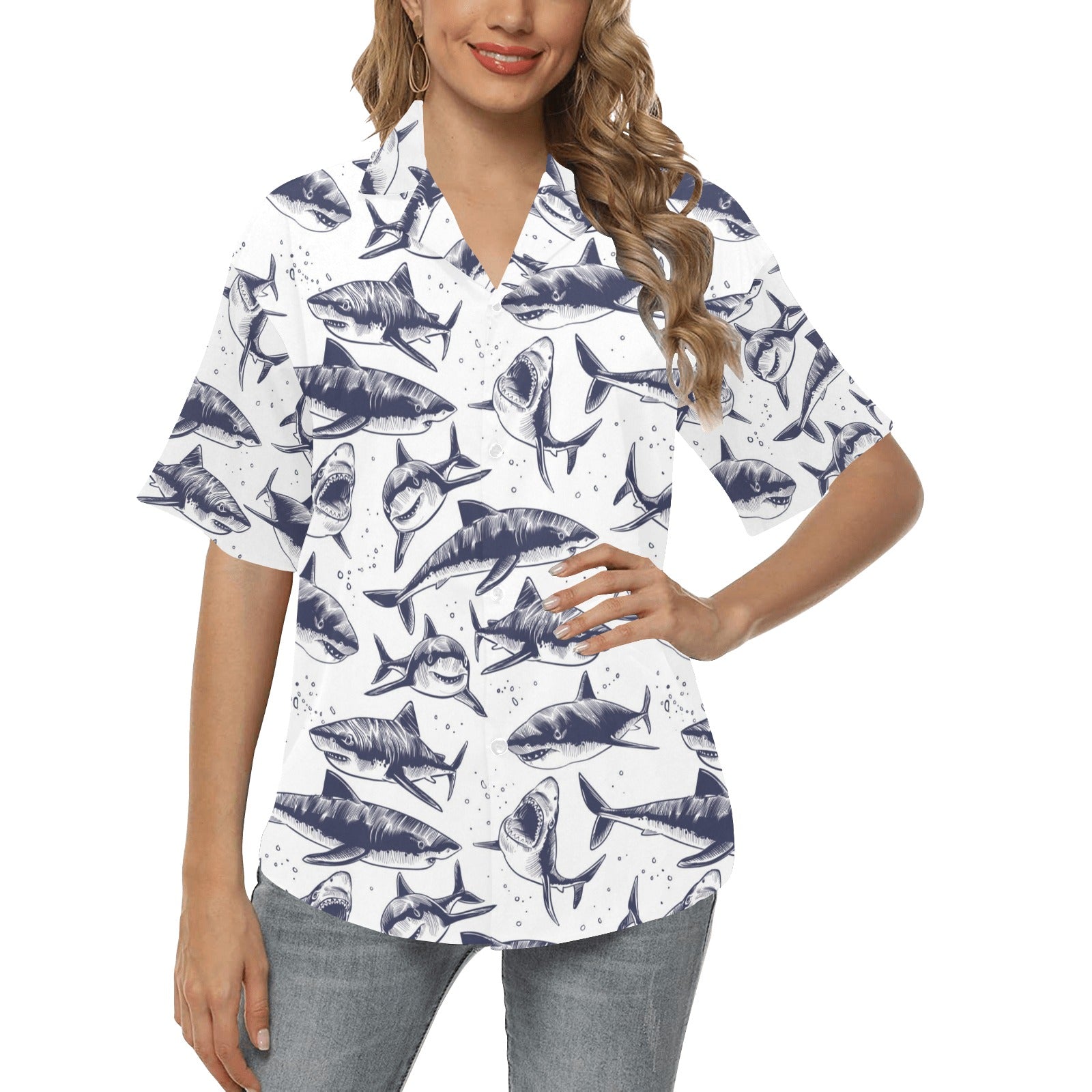 Great White Shark Pattern Print Design 02 Women's Hawaiian Shirt