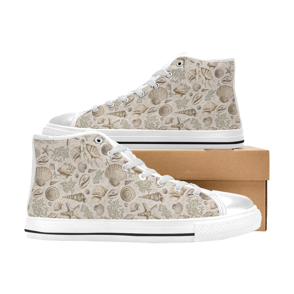 Seashell Print Design LKS304 High Top Women's White Shoes