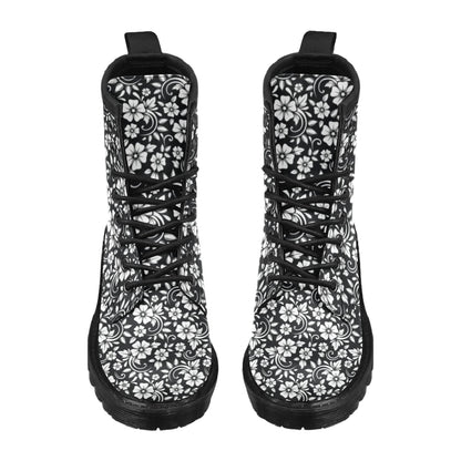 Floral Black White Themed Print Women's Boots