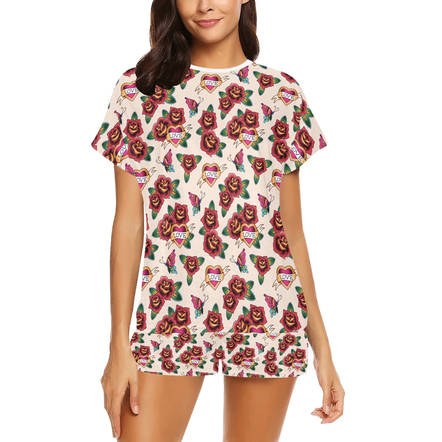 Tattoo Rose Print Design LKS302 Women's Short Pajama Set