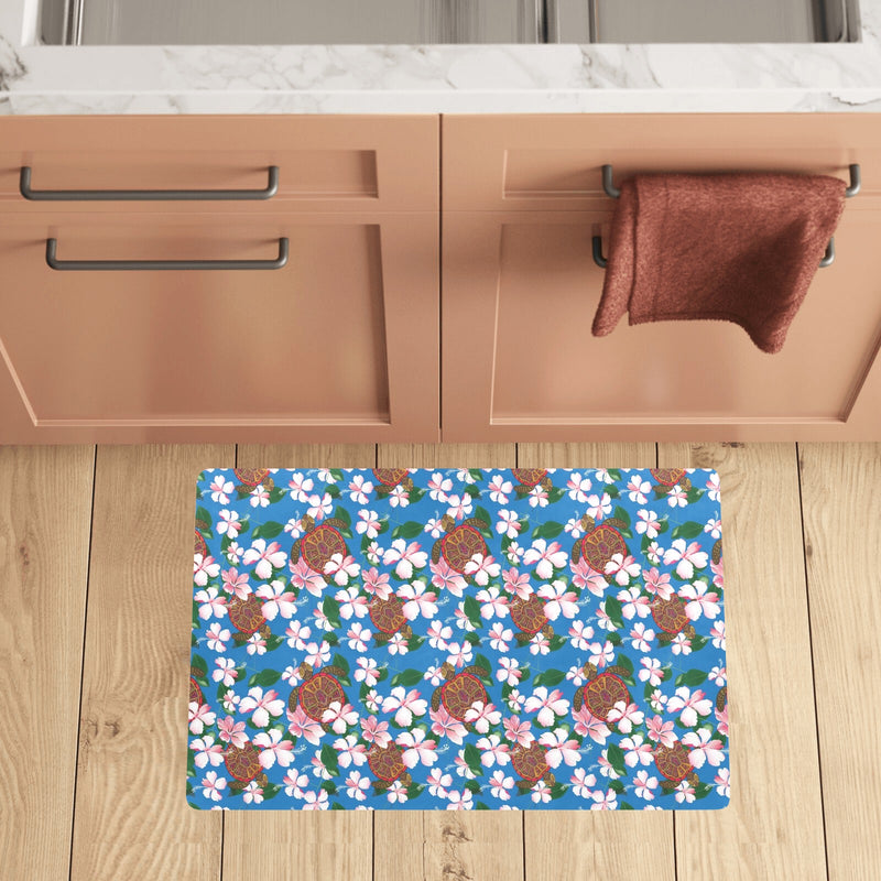 Sea Turtle Pink Hibiscus Hawaiian Print Kitchen Mat